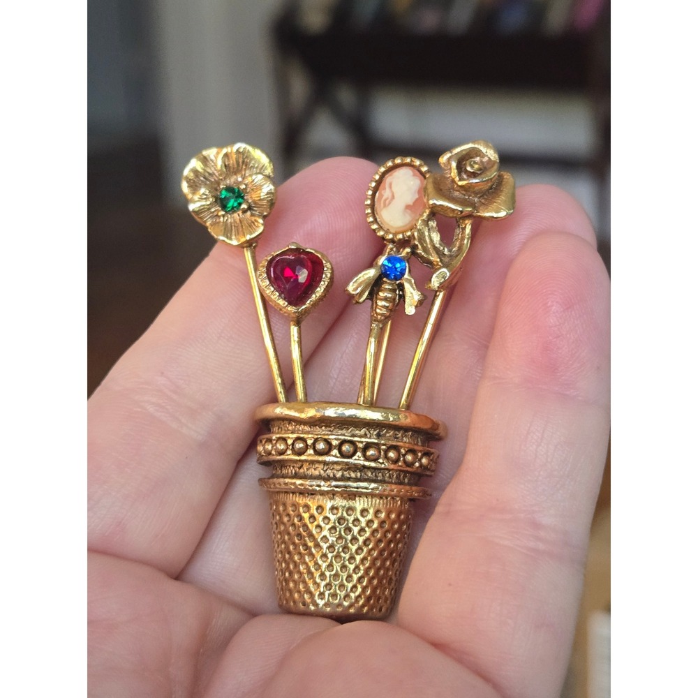 Unsigned Goldette Thimble Flowerpot Pin Victorian Style 1960s Sewing Gardening